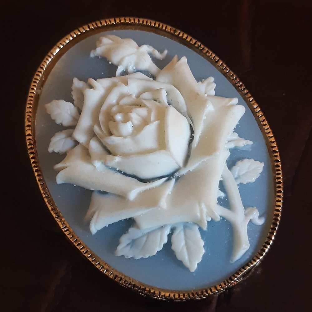 1980s Nina Ricci Signed AVON, Cameo Blue Rose Brooch